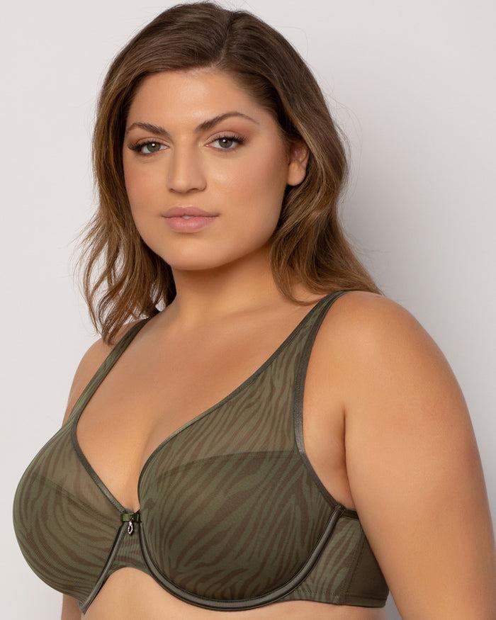 Curvy Couture Sheer Mesh Plunge T-Shirt Bra Olive Waves
