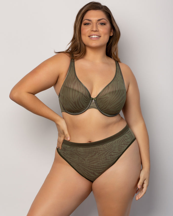 Curvy Couture Sheer Mesh Plunge T-Shirt Bra Olive Waves