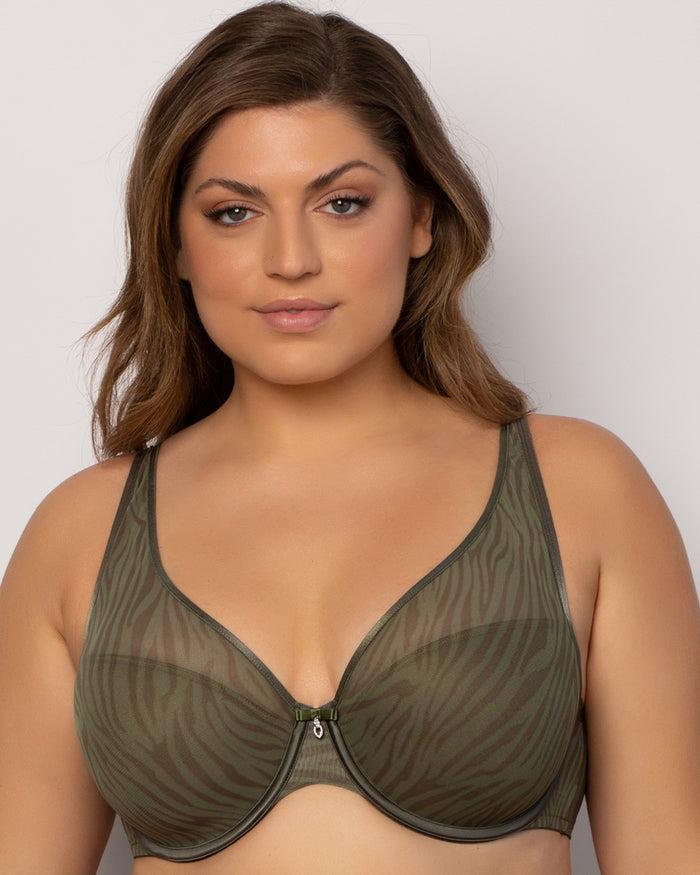 curvy couture Sheer Mesh Plunge T-Shirt Bra Olive Waves