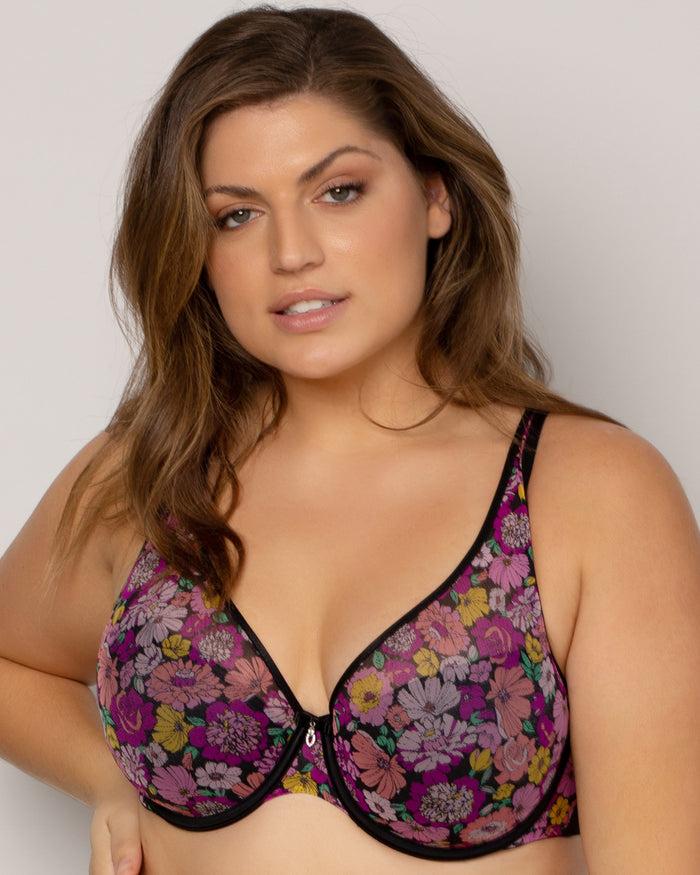 Curvy Couture Sheer Mesh Plunge T-Shirt Bra Retro Roses