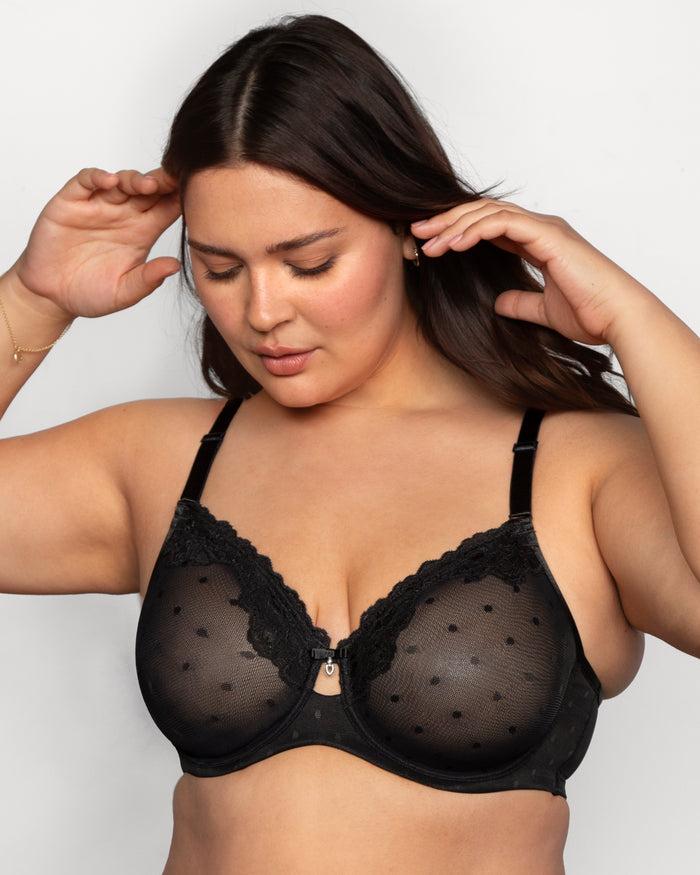 curvy couture Sheer Whisper Full Coverage Unlined Underwire Bra Black Hue