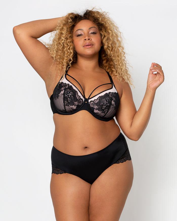 Curvy Couture Tulip Strappy Lace Push Up Bra Black & Adobe Rose