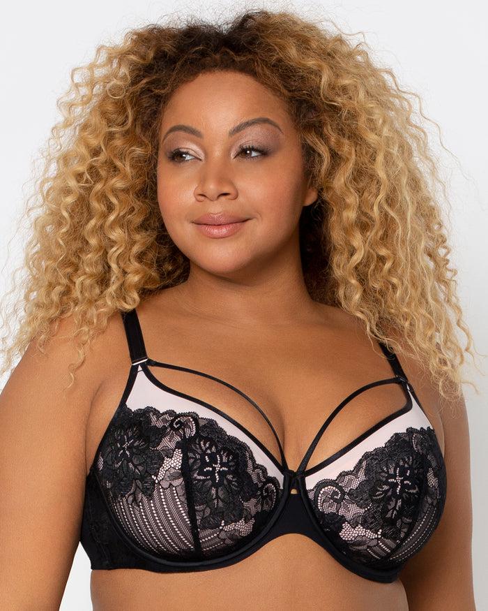 curvy couture Tulip Strappy Lace Push Up Bra Black & Adobe Rose