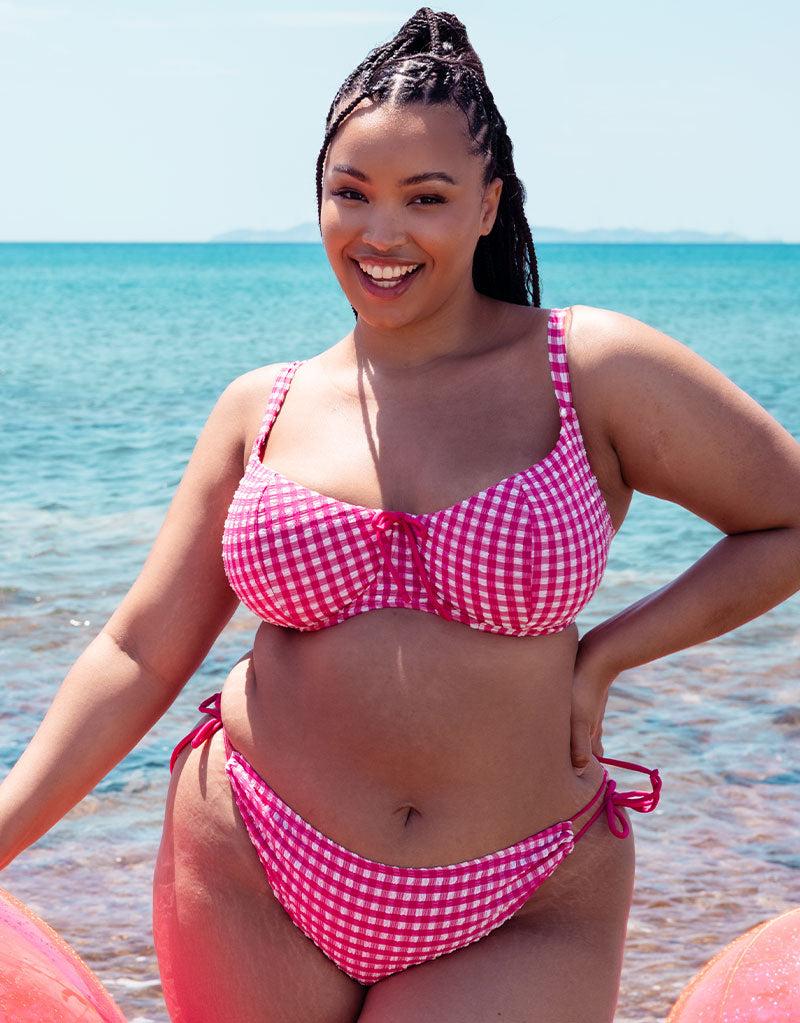curvy kate Holiday Check Scooped Balcony Bikini Top Raspberry Pink