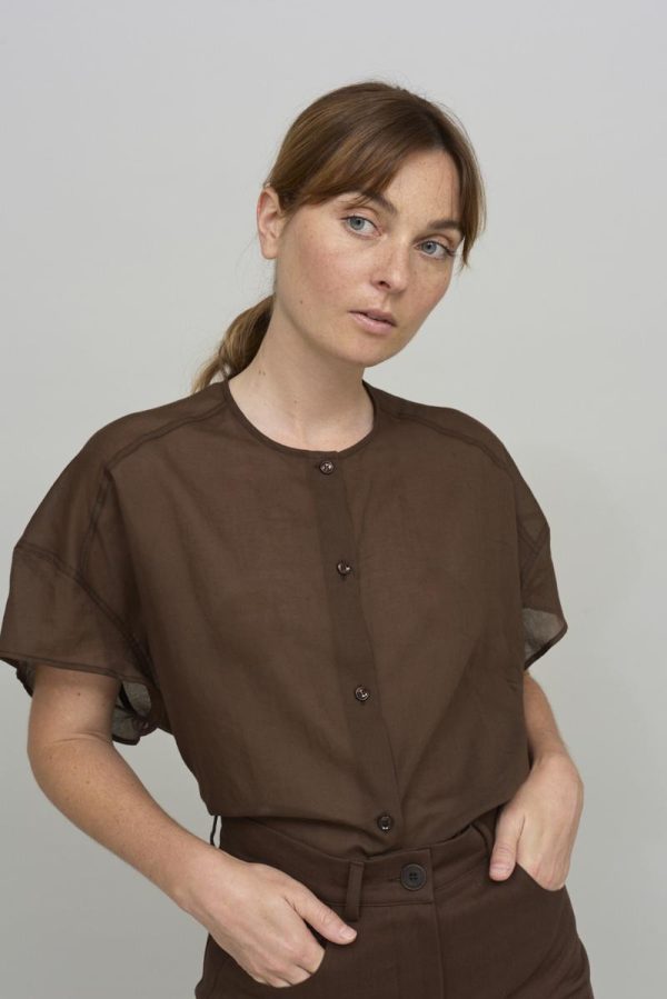 Cus OVERSIZED COLLARLESS Shirt Brown