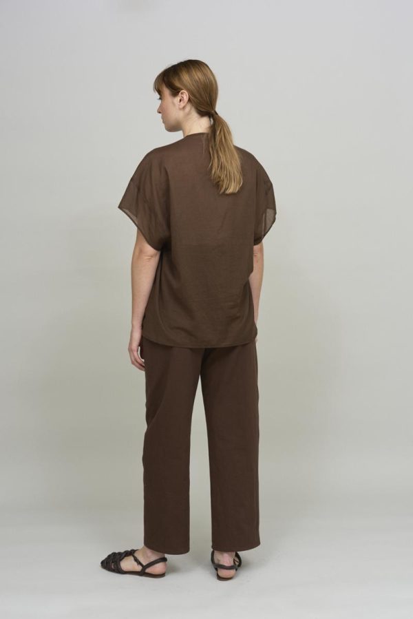 cus OVERSIZED COLLARLESS Shirt Brown