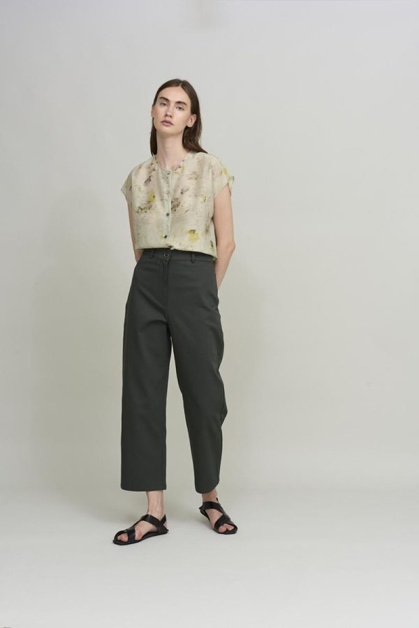 Cus RELAXED SLEEVELESS & COLLARLESS Shirt Green Print