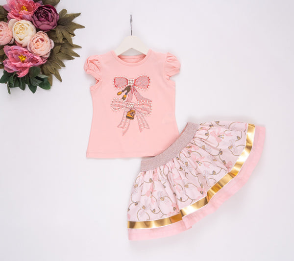 Cute Couture NEW SS25 Neon Kid Bow Skirt Set PEACH
