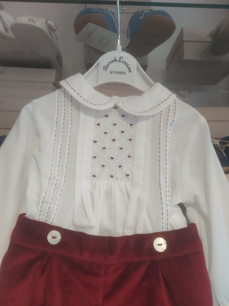 Cute Couture NEW AW23 Sarah Louise Boys Smocked Outfit White/Burgandy 013004