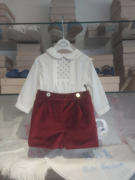cute couture NEW AW23 Sarah Louise Boys Smocked Outfit White/Burgandy 013004