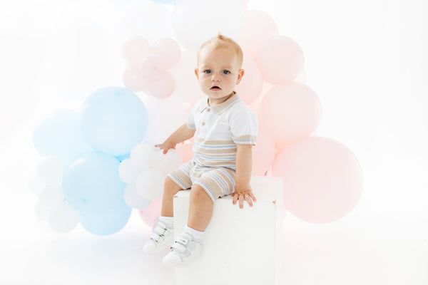 Cute Couture NEW SS25 Blues Baby Beige/Blue Summer Knit Romper BB2043