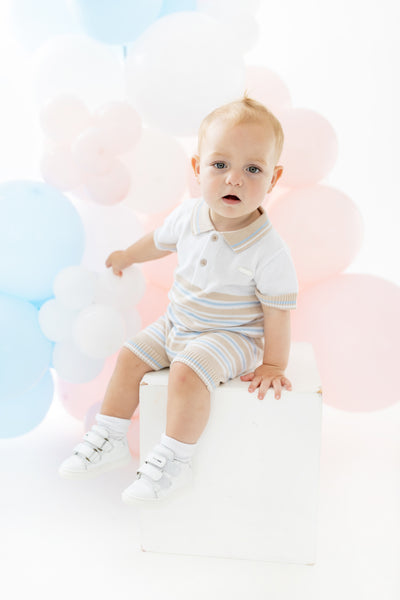 cute couture NEW SS25 Blues Baby Beige/Blue Summer Knit Romper BB2043