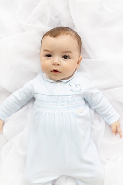 cute couture NEW SS25 Blues Baby Blue Smocked Rocking Horse Babygrow BB1740