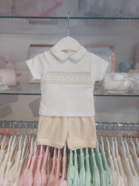 cute couture NEW SS25 Spanish Boys Smocked Shorts Set SG301 White/Beige