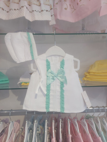 cute couture NEW SS25 Spanish Dress with Bonnet white/mint SG22