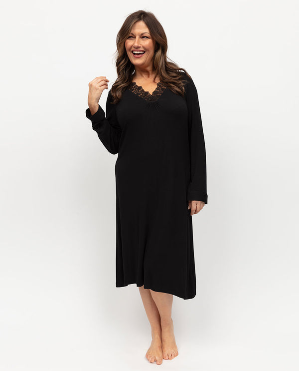 cyberjammies Carolynn Womens Lace Detail Jersey Long Sleeve Short Nightdress