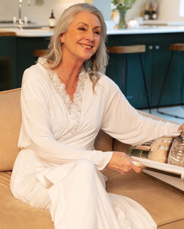 cyberjammies Evette Lace Detail White Jersey Long Dressing Gown