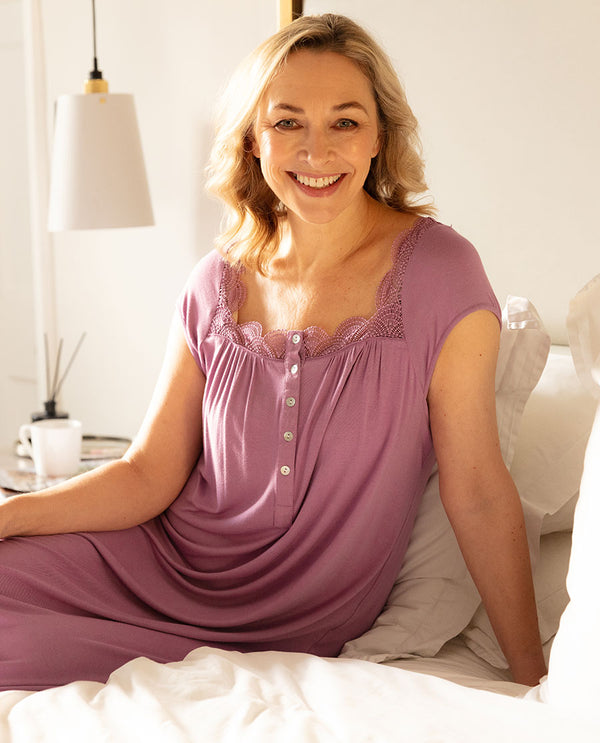 cyberjammies Reena Womens Lace Detail Jersey Short Sleeve Long Nightdress