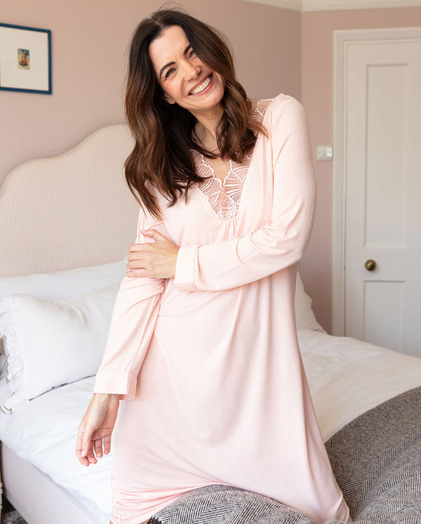 cyberjammies Sally Womens Lace Detail Jersey Long Sleeve Short Nightdress