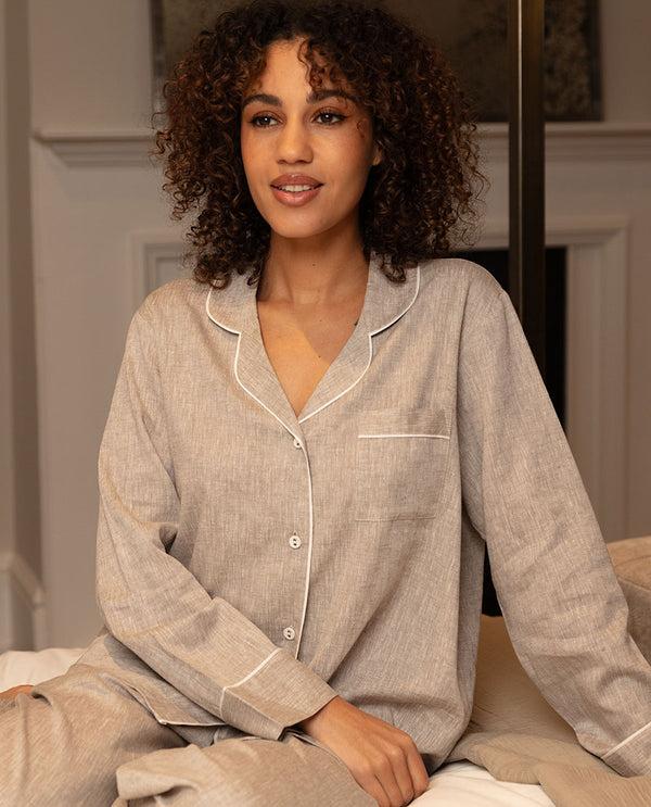 cyberjammies The Linen Edit Womens Mocha Wide Leg Pyjama Set