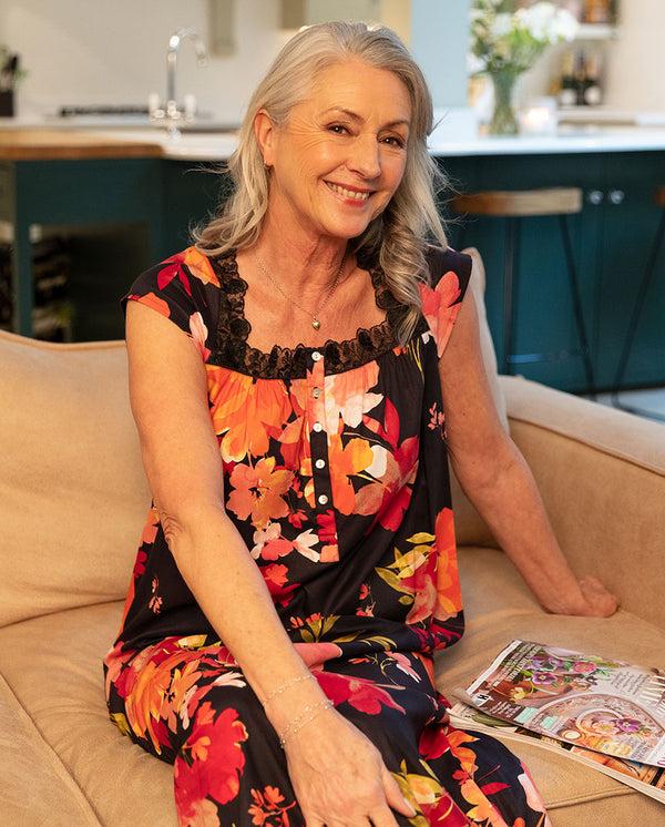 cyberjammies Winnie Lace Detail Black Floral Print Long Nightdress