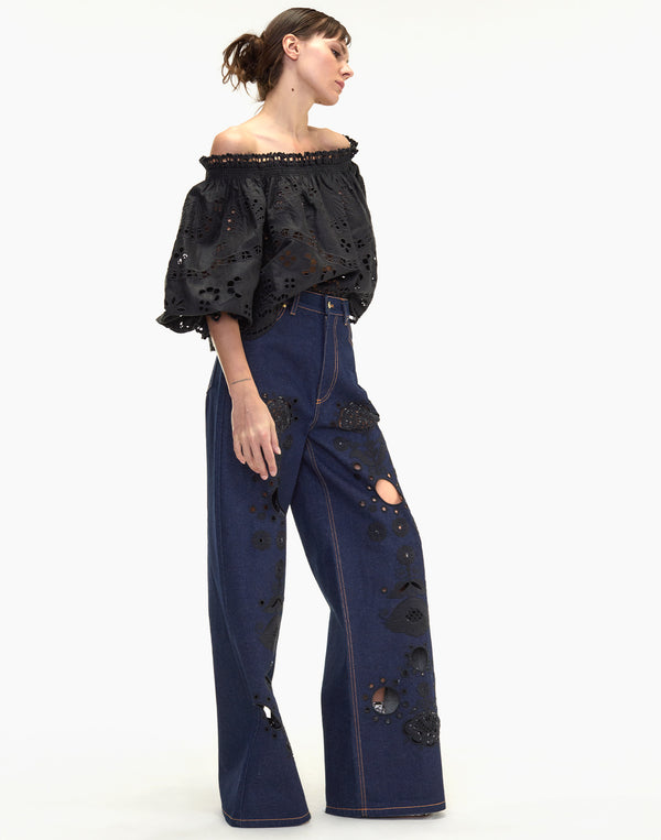 Cynthia Rowley Embroidered Wide-leg Jean