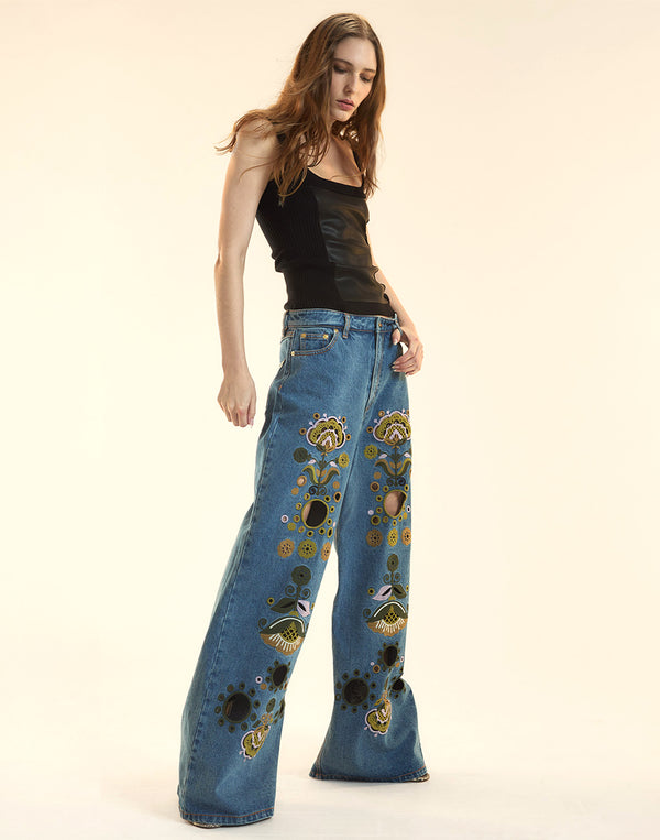 Cynthia Rowley Embroidered Wide-leg Jean