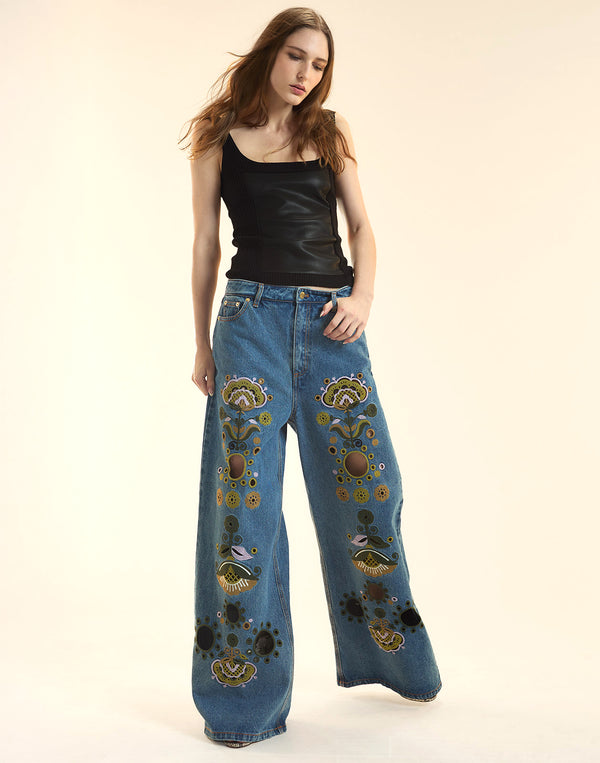 Cynthia Rowley Embroidered Wide-leg Jean