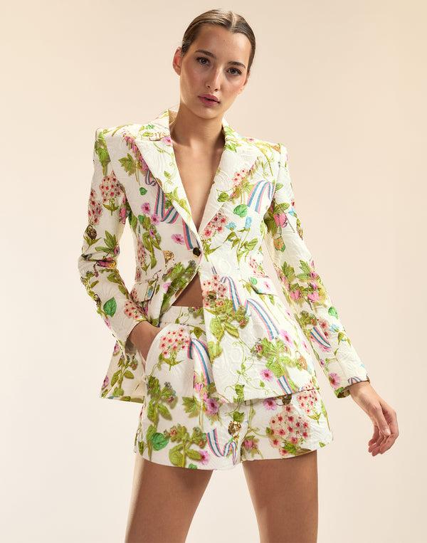 Cynthia Rowley Printed Brocade Pleated Shorts