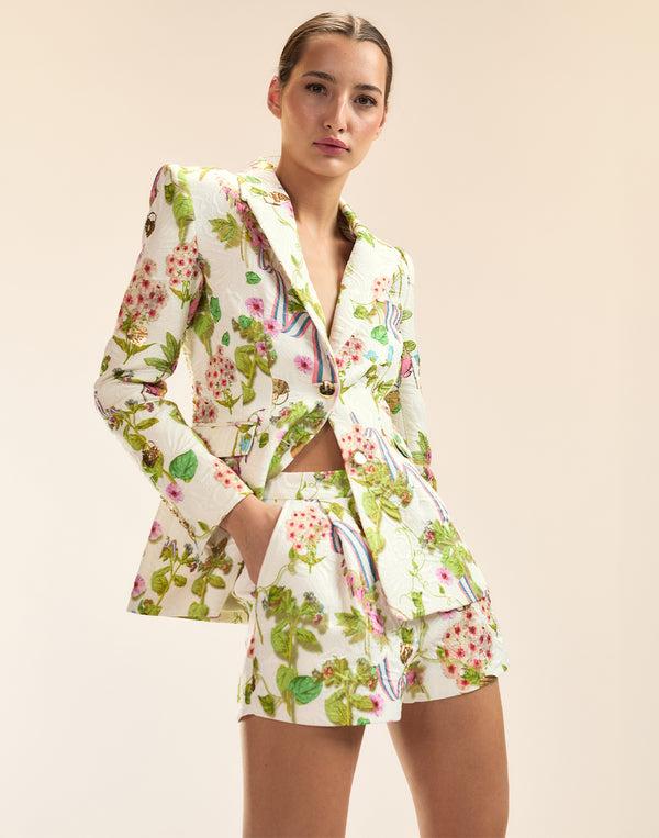 Cynthia Rowley Printed Brocade Pleated Shorts