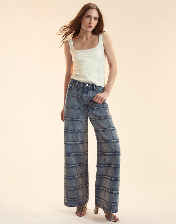 Cynthia Rowley Windowpane Wide-Leg Jeans
