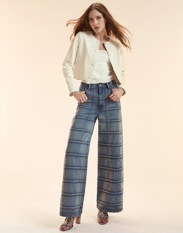 Cynthia Rowley Windowpane Wide-Leg Jeans
