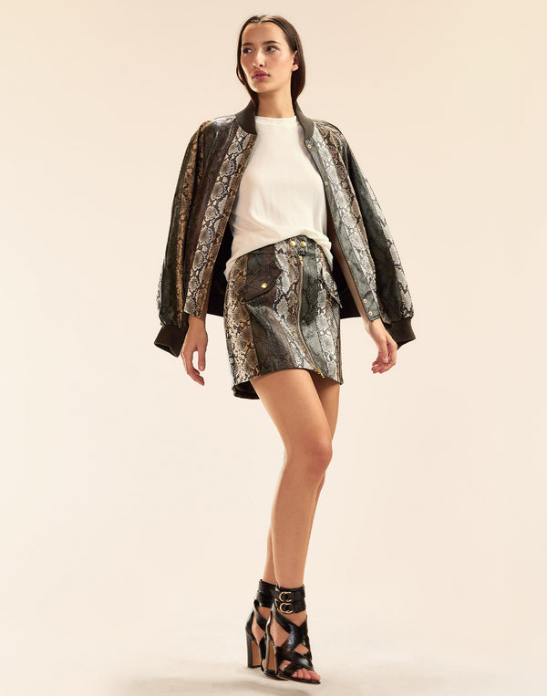 Cynthia Rowley Snake-Embossed Vegan Leather Bomber Jacket
