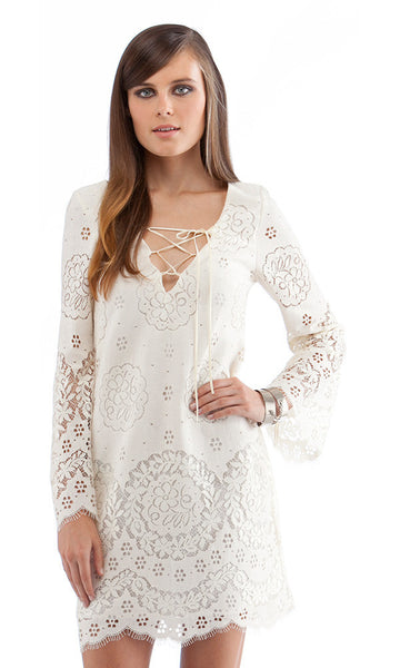 cynthia vincent Lace Up Bell Sleeve Dress Cream