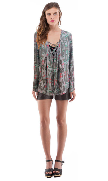 Cynthia Vincent Tie Front Blouse Tribal Tweed