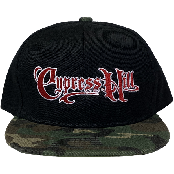 Cypress Hill "Script Logo" Snapback Hat In Black And Camo