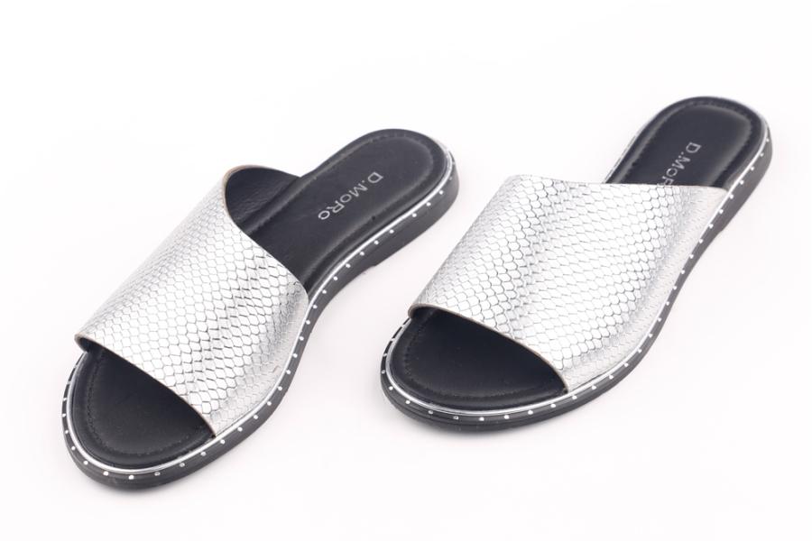 d.moro shoes Women Leather Slippers for summer: 707-77 Silver Black Leather (Wholesale)