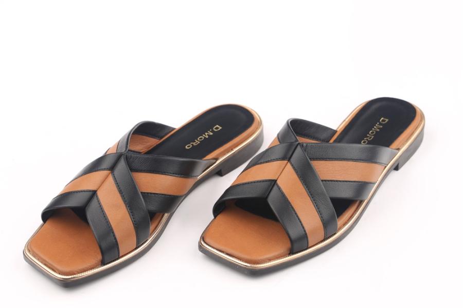 d.moro shoes Women Leather Slippers for summer: MORO-37 Tan Black Leather (Wholesale)