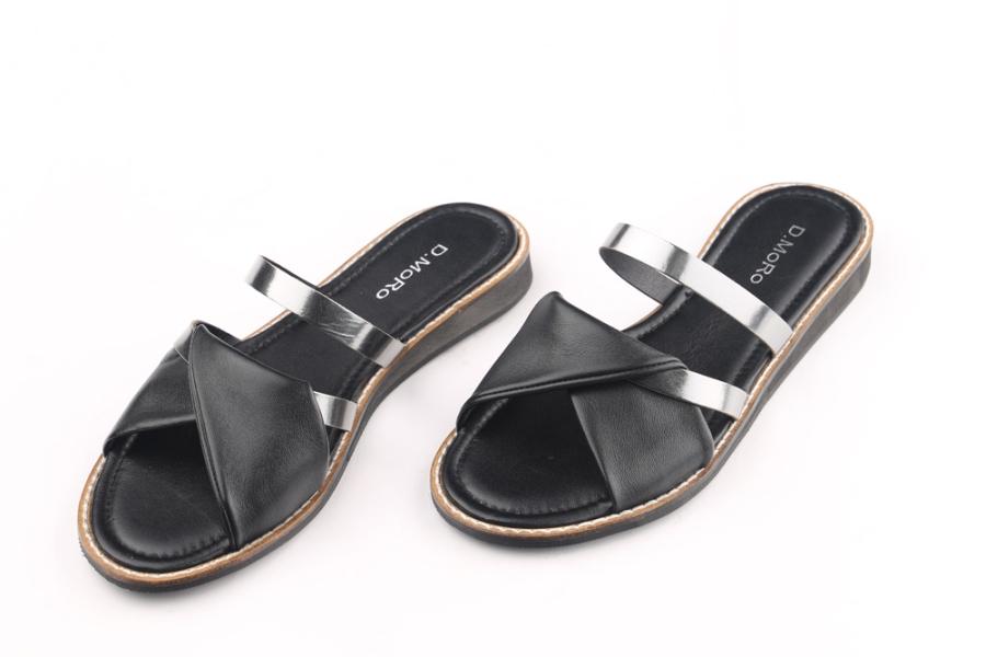 d.moro shoes Women Leather Slippers for summer: NAT-22 Black Silver Leather (Wholesale)
