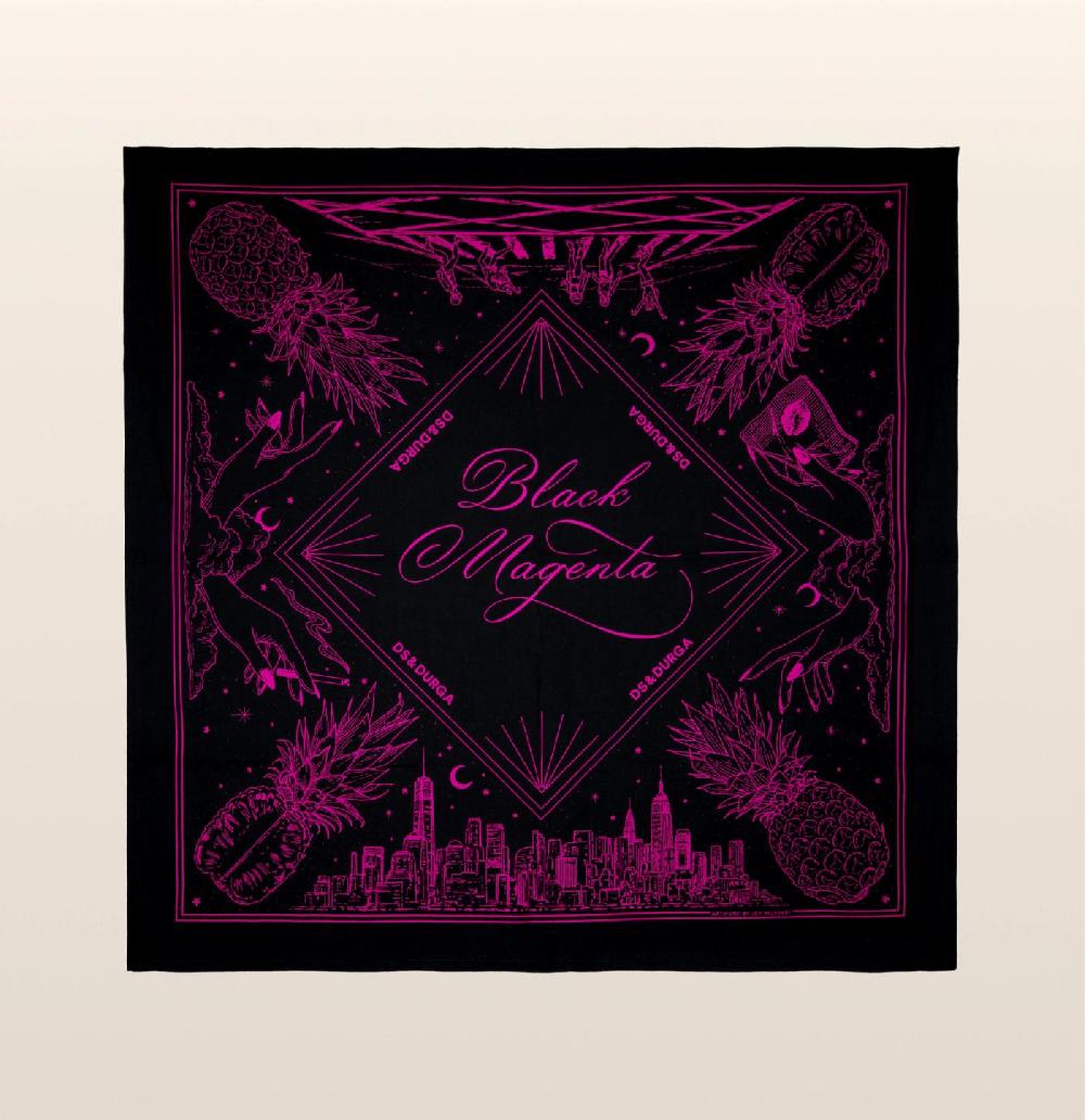 d.s. & durga 100% cotton black and magenta (duh ) bandana with hand drawn designs of NYC at night. Made in collaboration with Jen Mussari