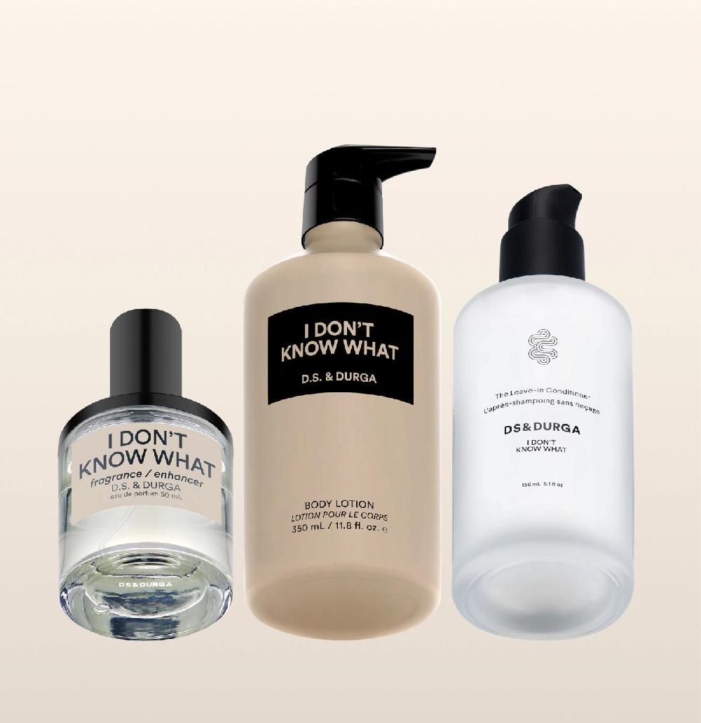 d.s. & durga A set with the first fine fragrance leave-in conditioner I Don't Know What 50 mL perfume and I Don't Know What Body Lotion