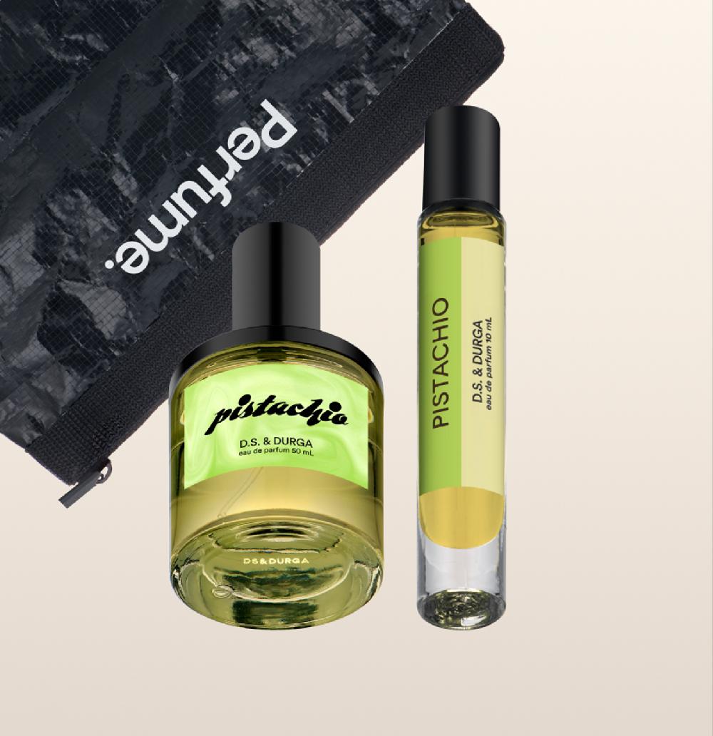d.s. & durga Carry your fave gourmands around in our sleek logo pouch. Set includes: 50 mL Pistachio EDP 10 mL Pistachio Pocket Perfume & Perfume Pouch