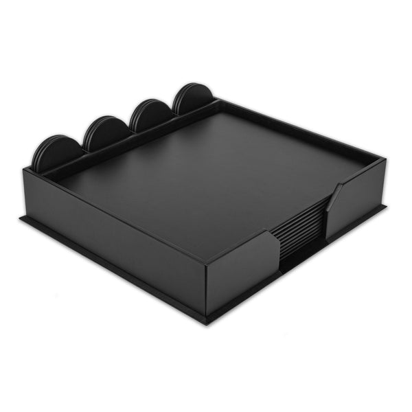 Dacasso 10 Seat Black Leather Conference Room Set W/ Round Coasters And Pen Stands
