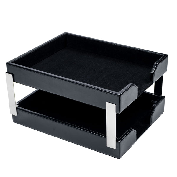 Dacasso Black Bonded Leather Letter Trays Stacking Set Silver