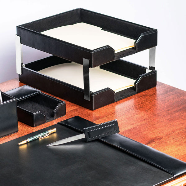 Dacasso Black Bonded Leather Letter Trays Stacking Set Silver