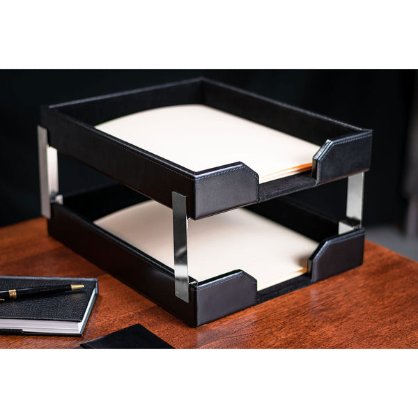 Dacasso Black Bonded Leather Letter Trays Stacking Set Silver