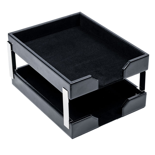 dacasso Black Bonded Leather Letter Trays Stacking Set Silver