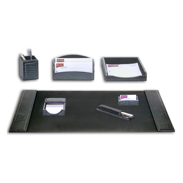 dacasso Black Crocodile Embossed Leather 7-Piece Desk Set