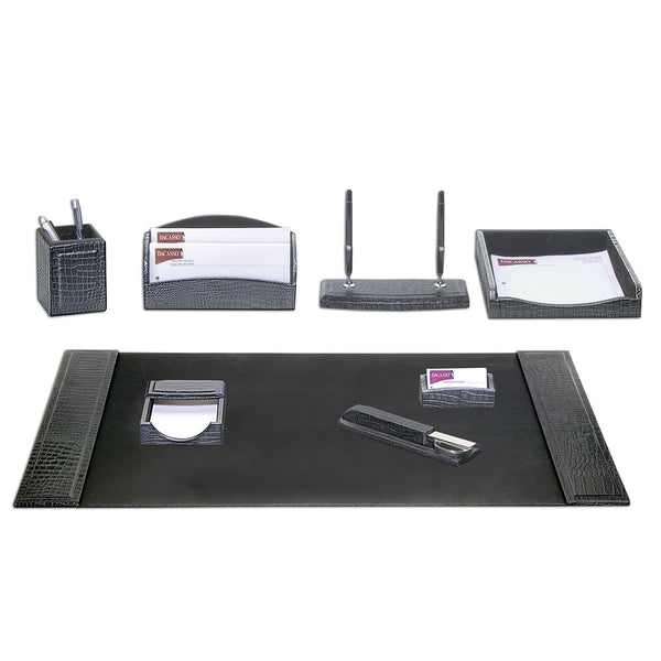 dacasso Black Crocodile Embossed Leather 8-Piece Desk Set