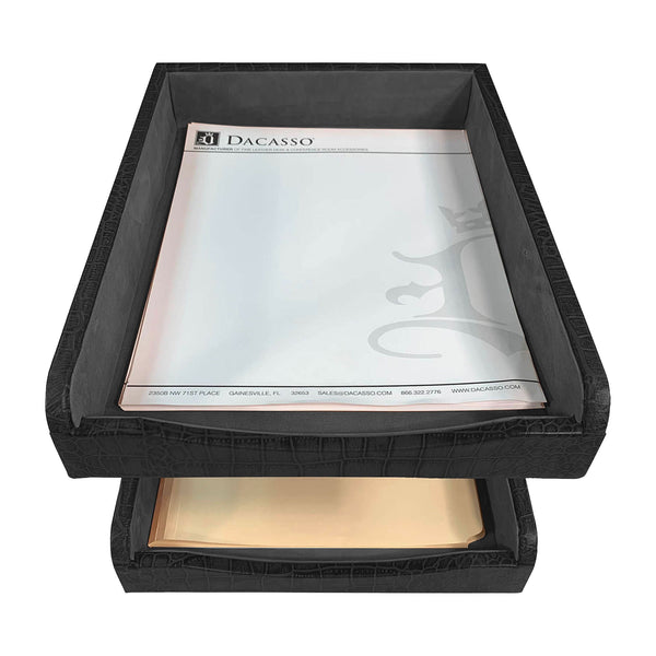 Dacasso Black Crocodile Embossed Leather Letter Trays Stacking Set Silver